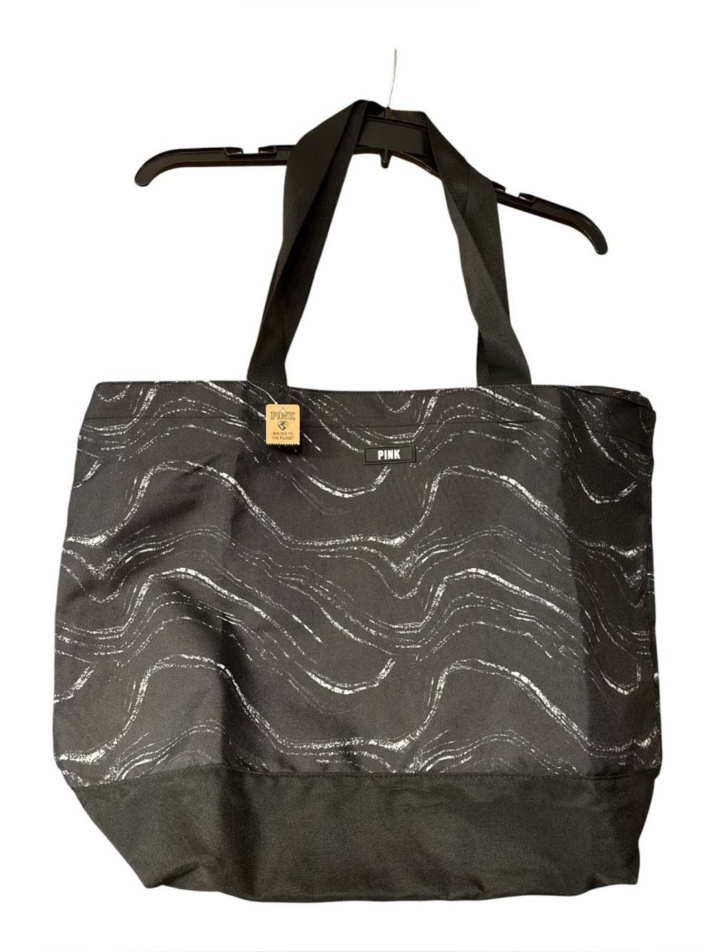 PINK Victoria’s Secret Black Wave Print Tote Bag Large Zip Travel‎ Carryall NWT